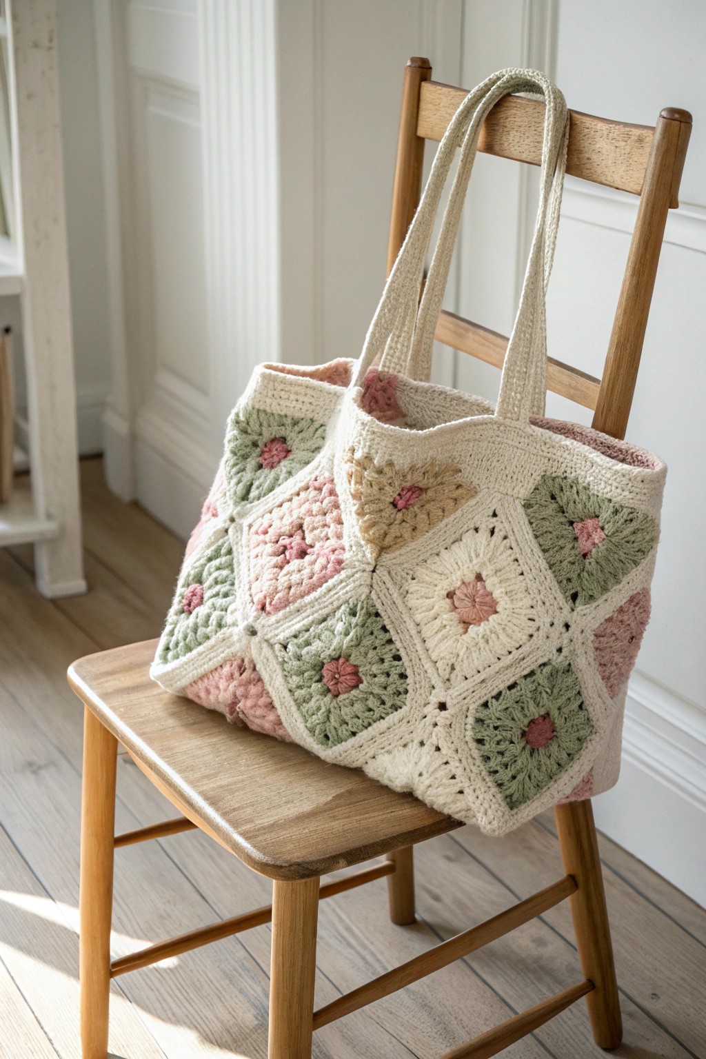 Scandi-boho chic: a beautifully crafted granny square tote bag, perfect for market days.