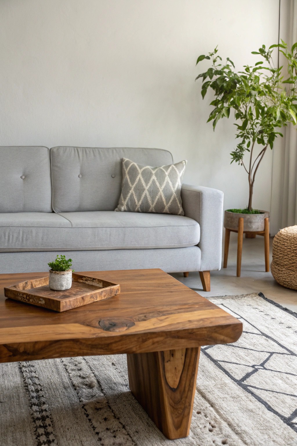 Balance cool greys with warm wood for a serene, inviting living space.