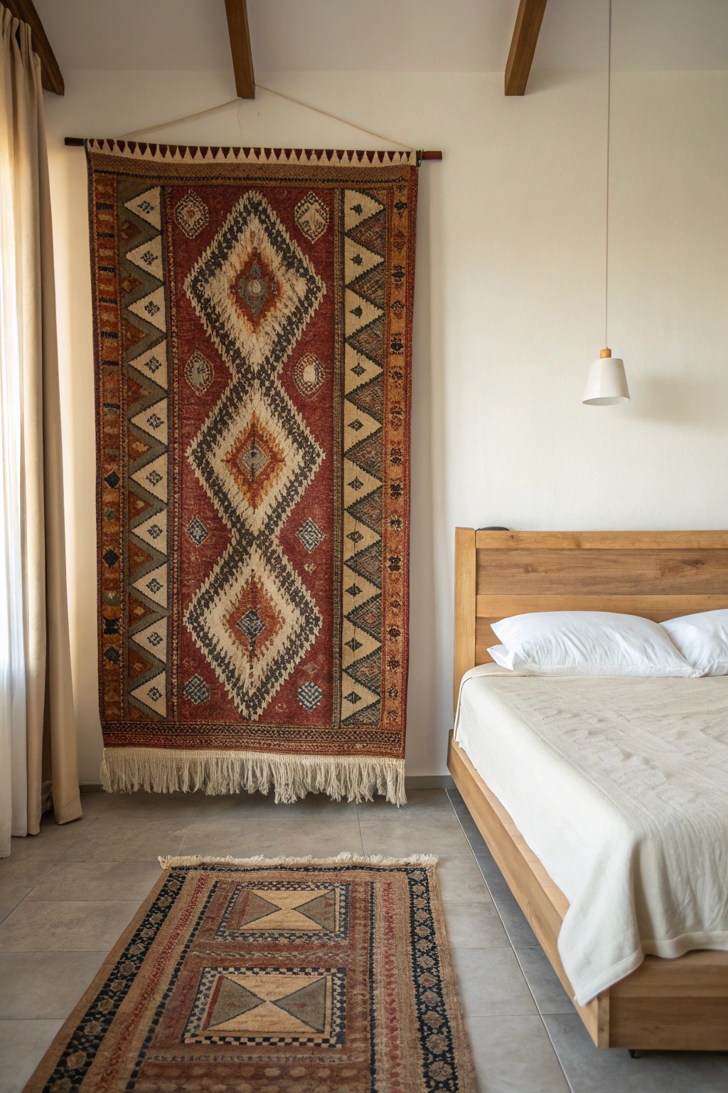Elevate your bedroom with a beautifully crafted rug-hung headboard—where artistry meets simplicity.