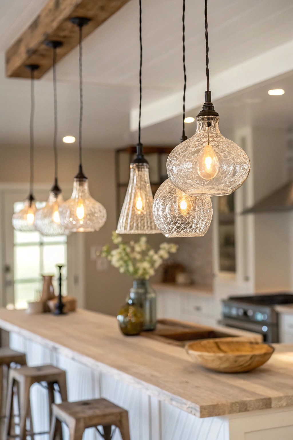 Elevate your kitchen island with a stunning cluster of artisanal mini pendant lights.