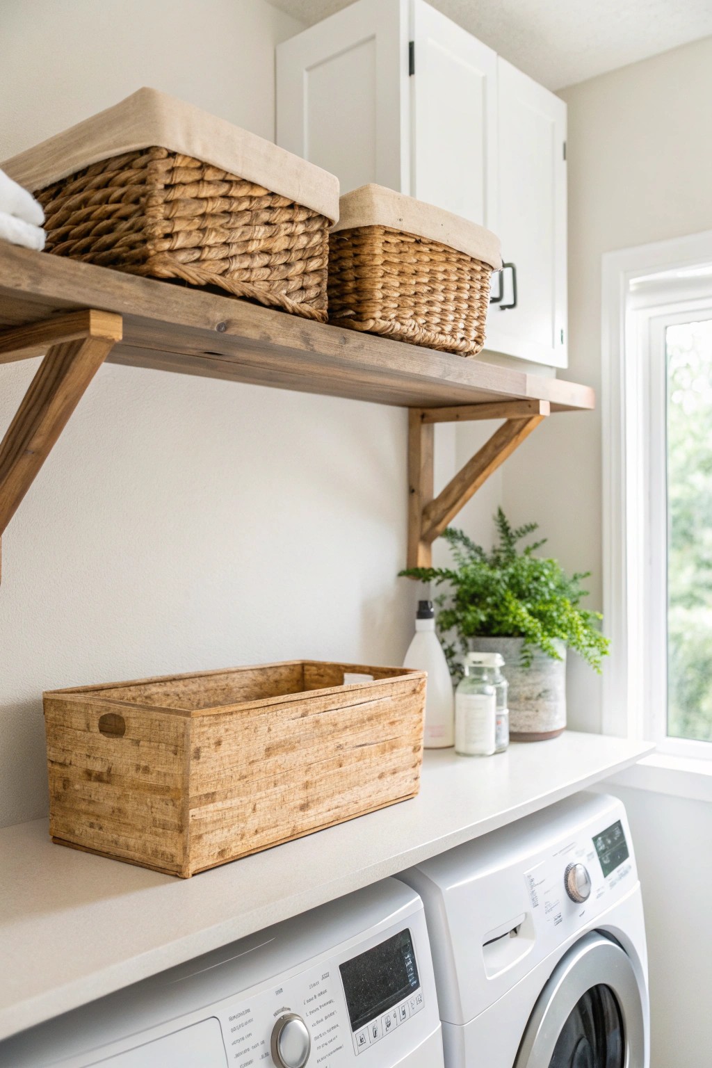 Elevate your laundry room with open shelving and natural touches.