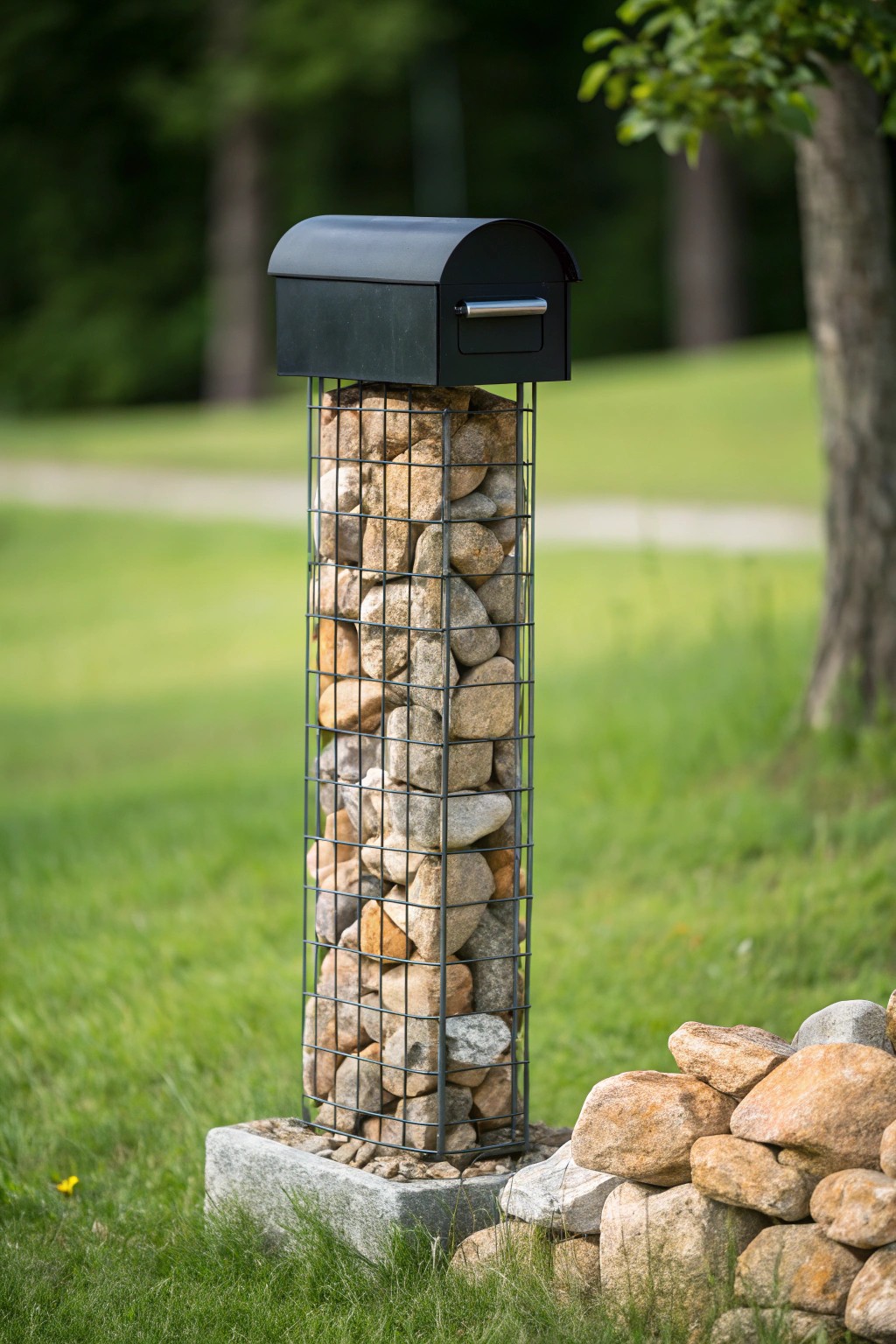 Modern rustic: A stunning gabion stone mailbox post blends natural beauty and craftsmanship.