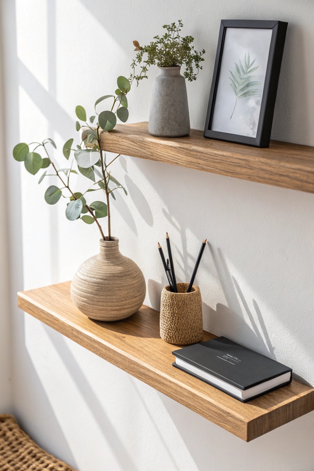 Elevate your office with minimalist floating shelves—where natural beauty meets modern simplicity.