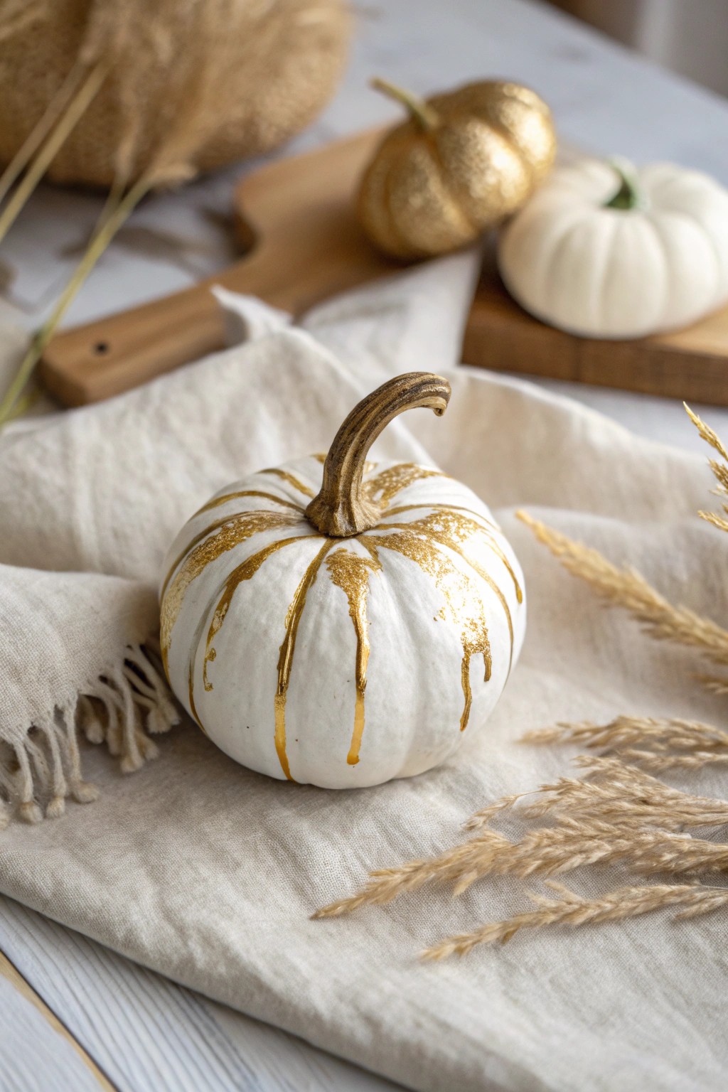Minimalist chic: A mini pumpkin gets a glam upgrade with golden metallic drips.