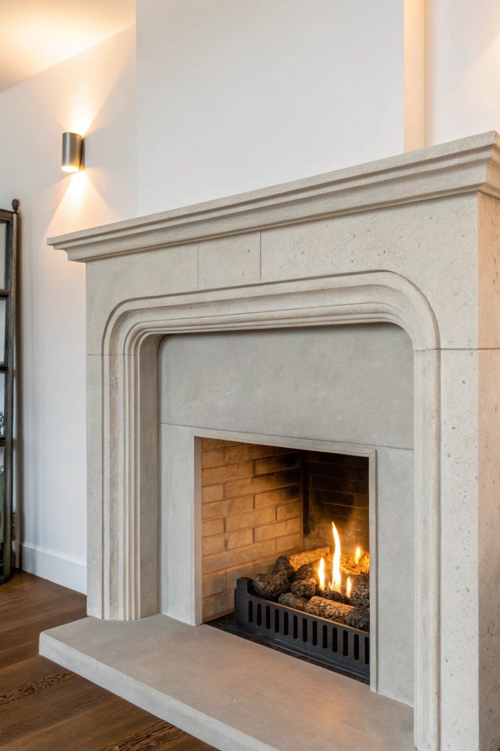 Sculpted simplicity: a modern fireplace with a minimalist concrete surround.