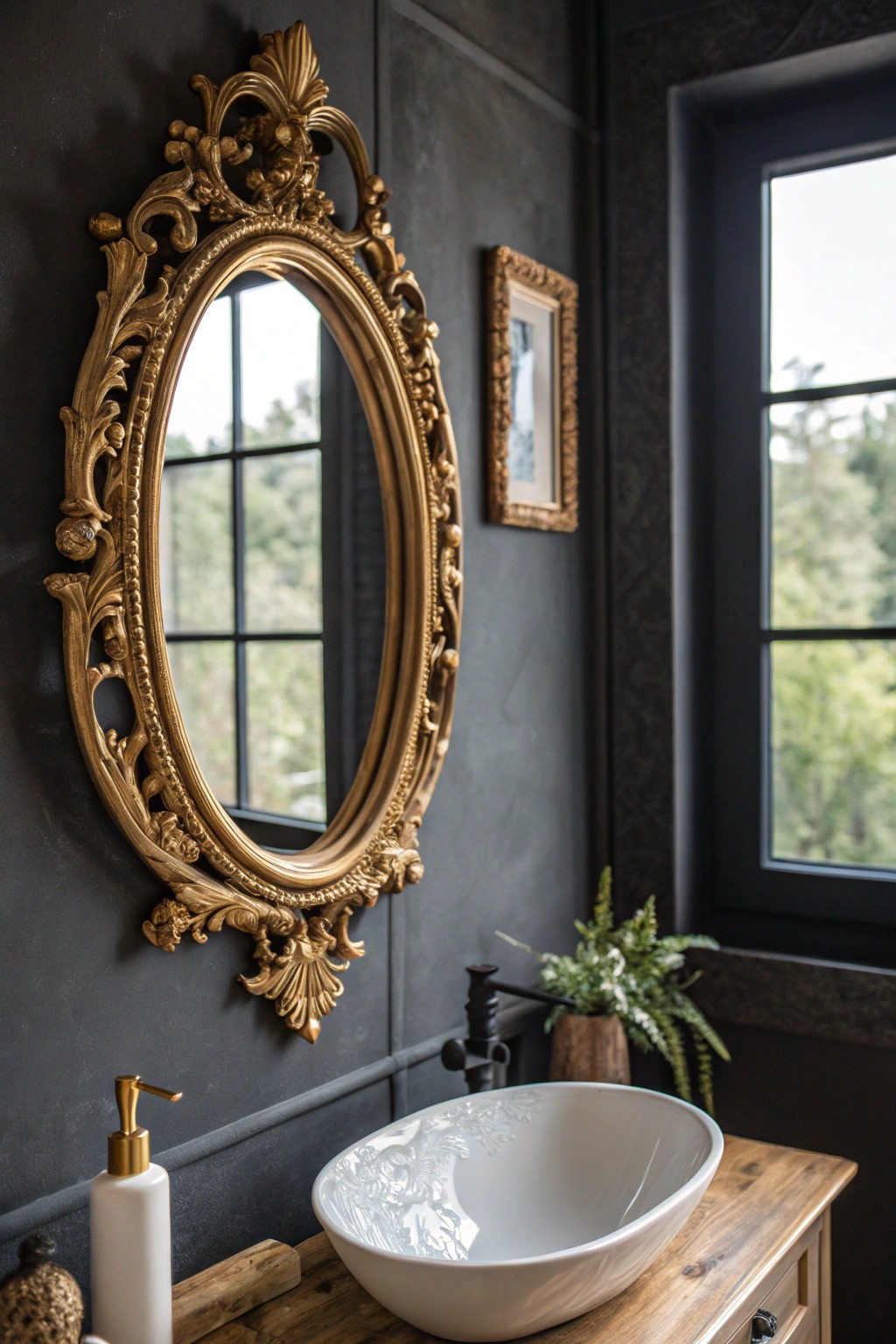 A dramatic ornate mirror transforms any moody bathroom with timeless elegance.