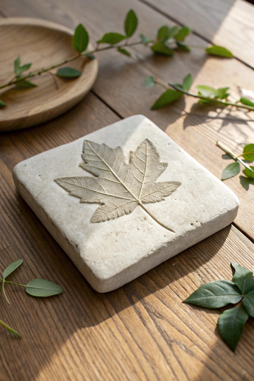 Handcrafted concrete paver with leaf imprint: simple, beautiful DIY patio inspiration.