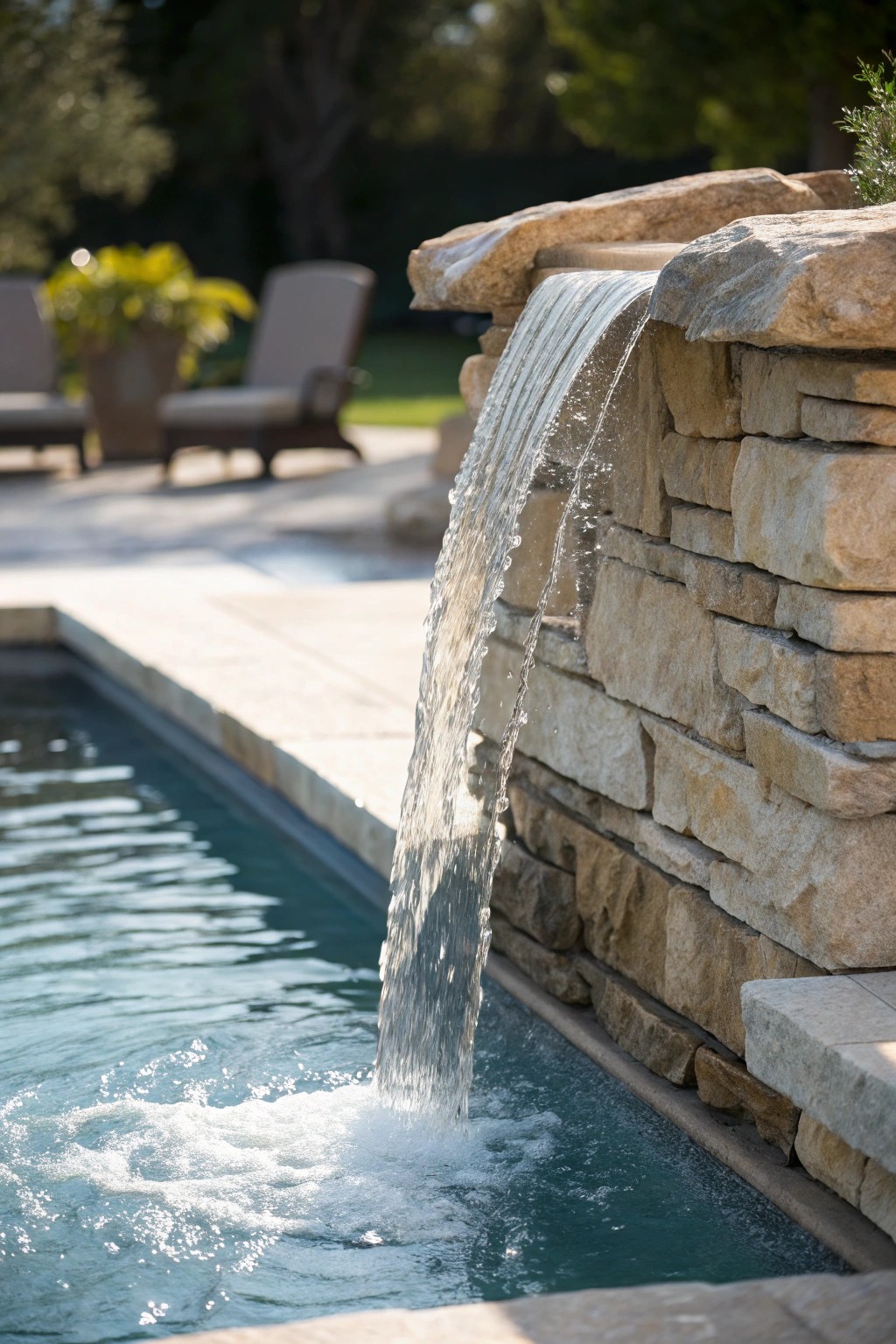 Let the soothing sound of a stone waterfall elevate your poolside retreat.