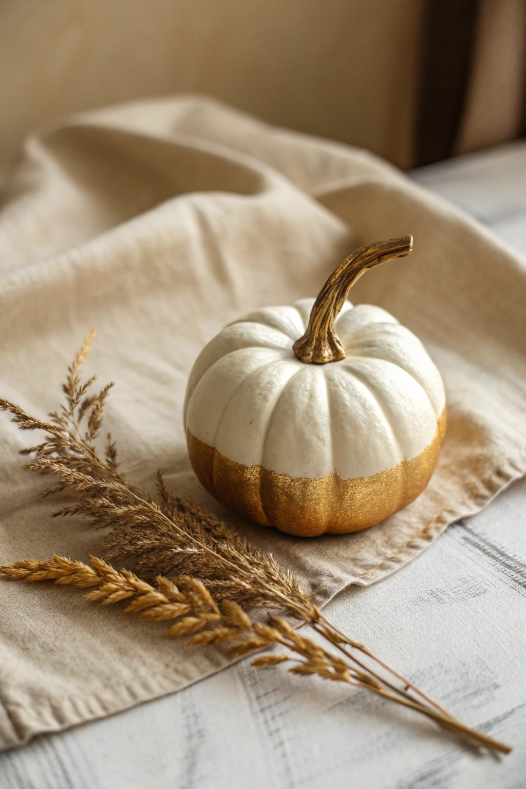 Chic Scandinavian-inspired gold-dipped mini pumpkin—simple, stunning, and handcrafted.