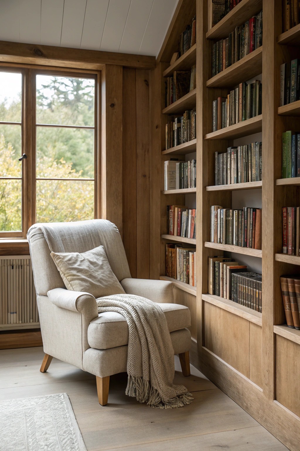 A serene armchair retreat framed by floor-to-ceiling bookshelves—your personal sanctuary among stories.