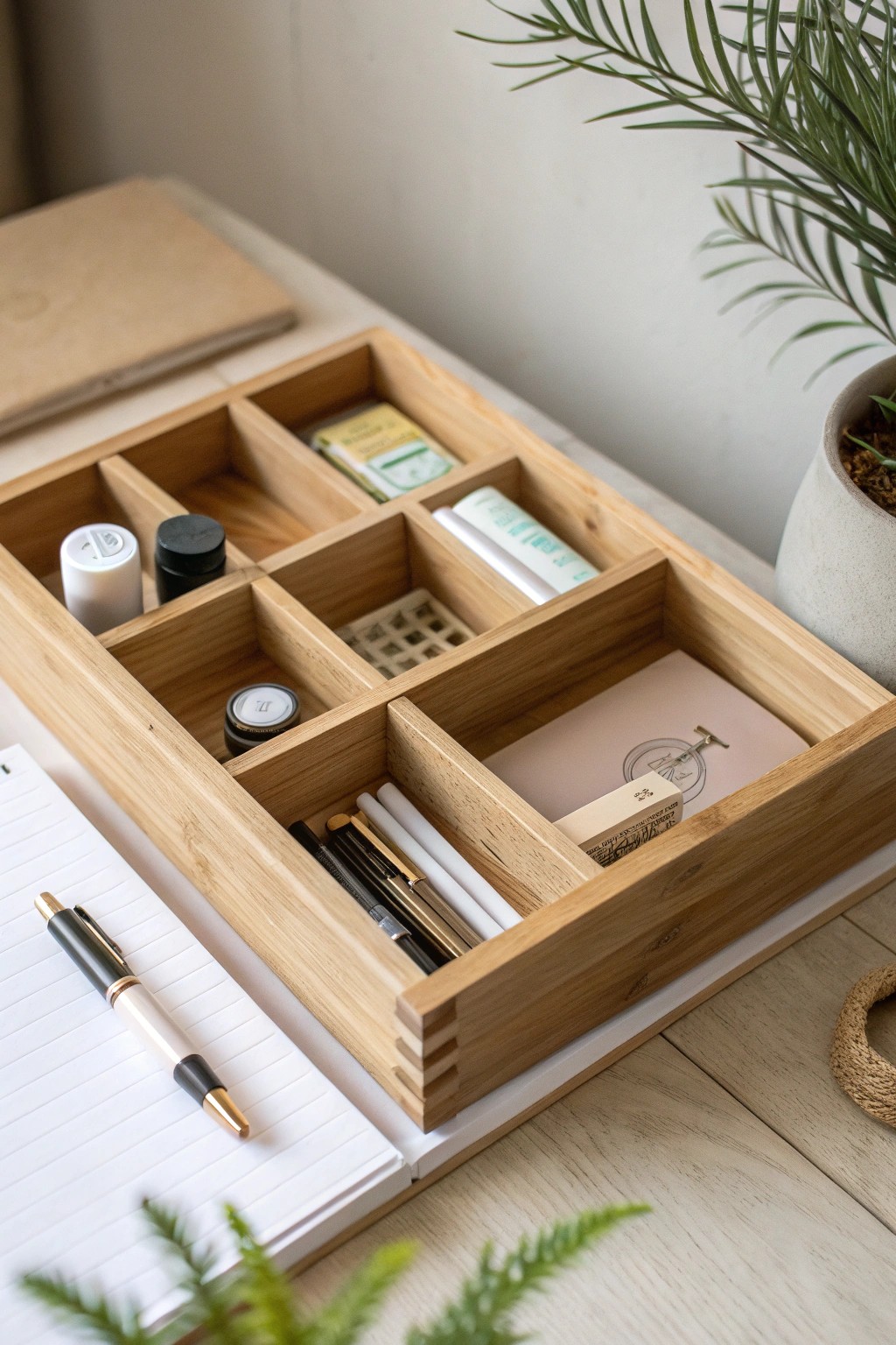 Effortless order: A beautifully crafted wooden drawer organizer brings calm to your daily essentials.