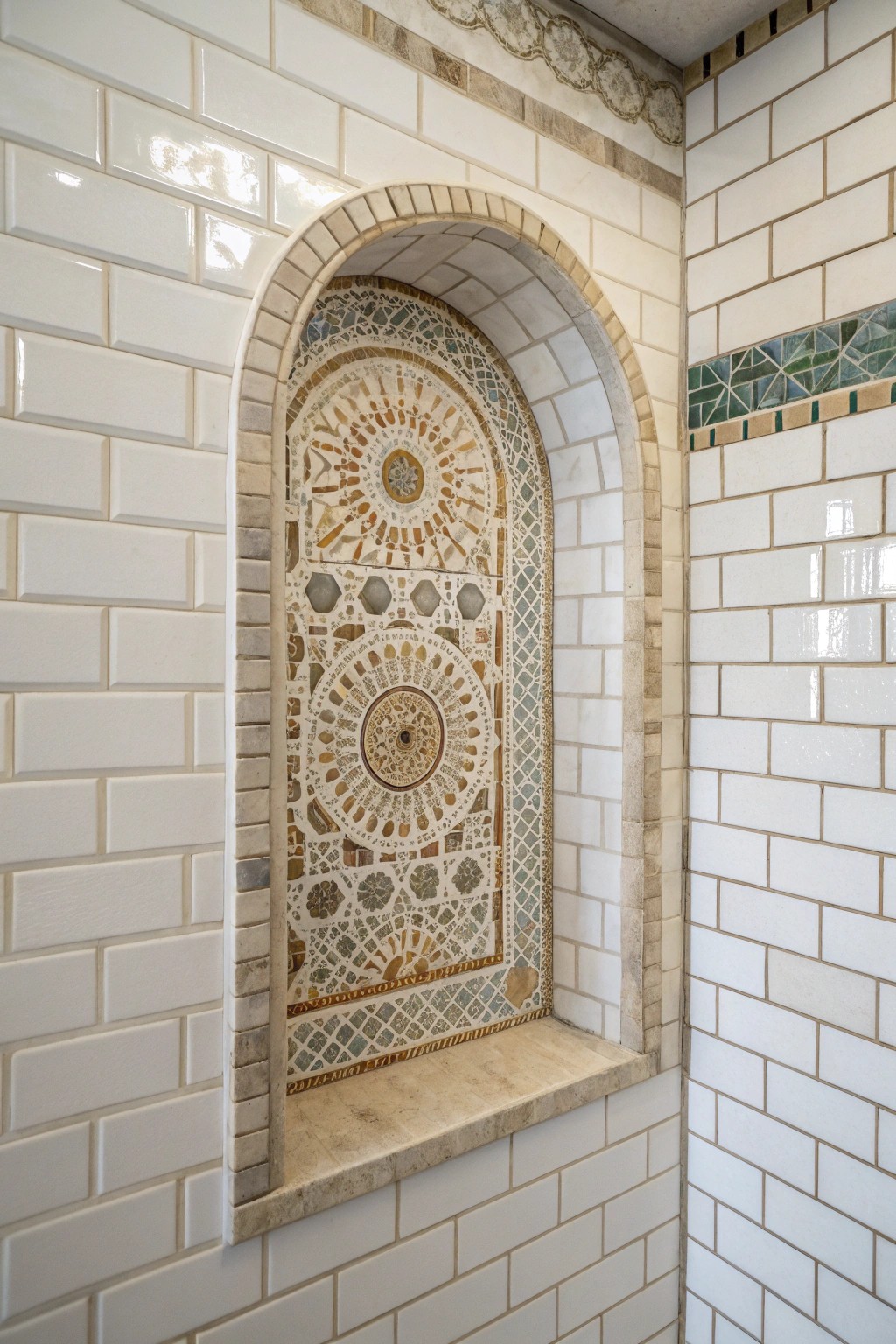 Elevate your shower with a handcrafted mosaic tile accent—where artistry meets simplicity.