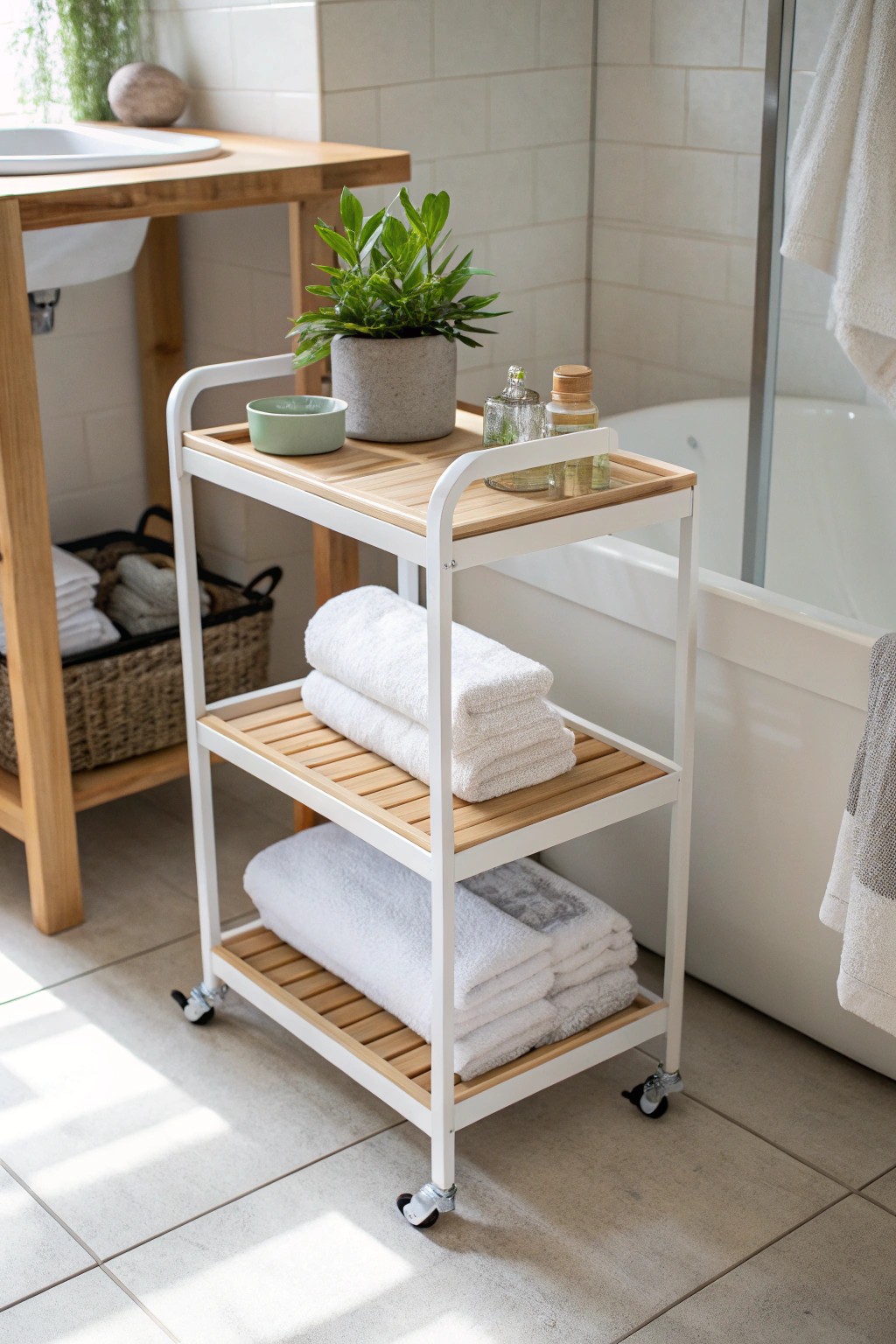 Effortless style and storage—this slim rolling cart keeps your bathroom essentials organized and always within reach.