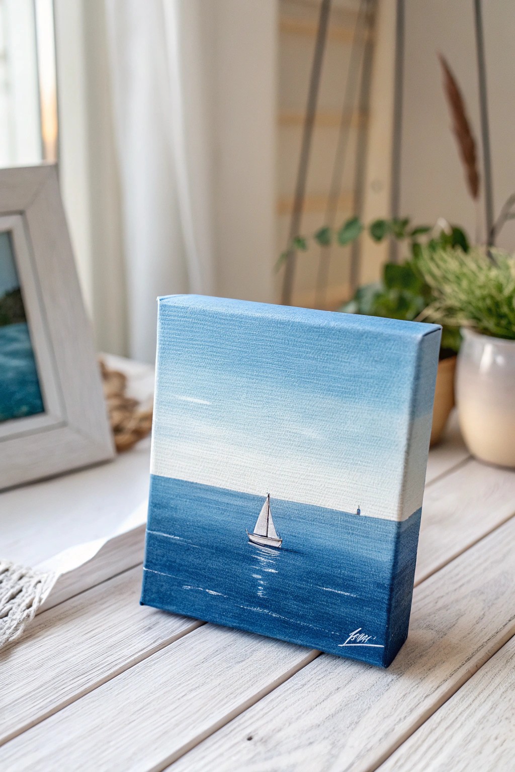 Serenity on canvas: a minimalist blue water scene with a hint of wanderlust.