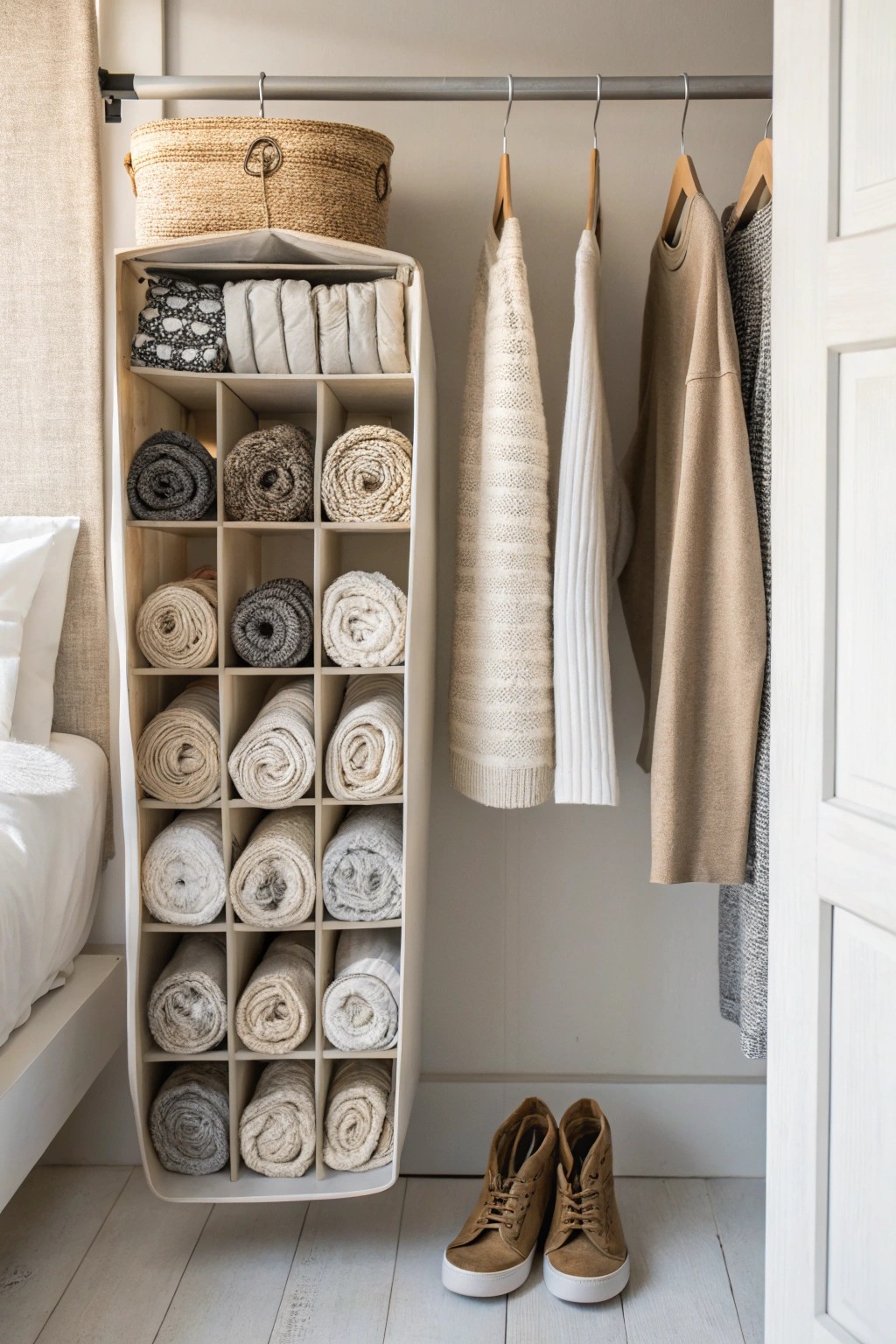 Effortless closet elegance—organize with a simple linen hanging organizer.