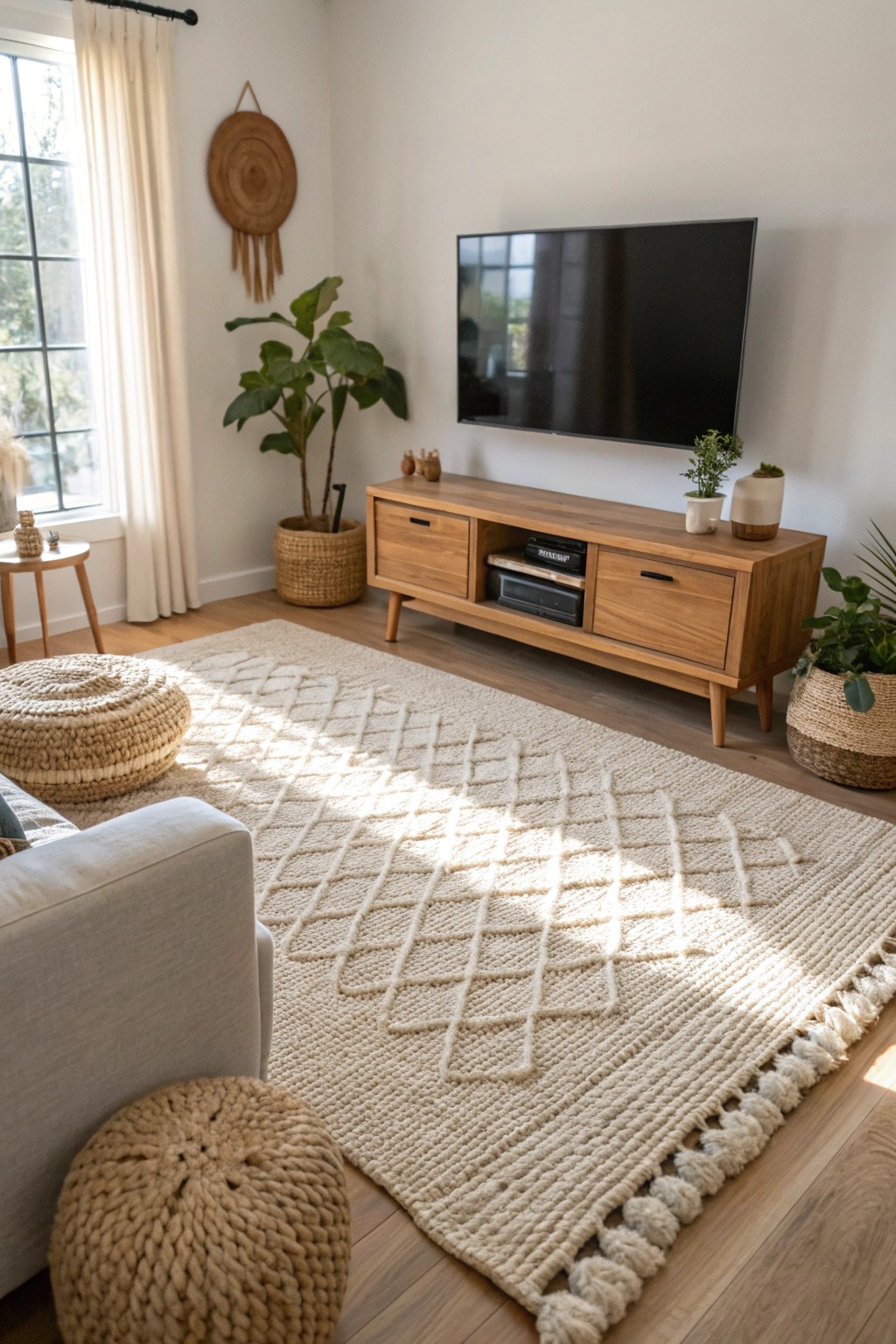 Define your TV space with a simple, natural area rug—effortless style for small living rooms.