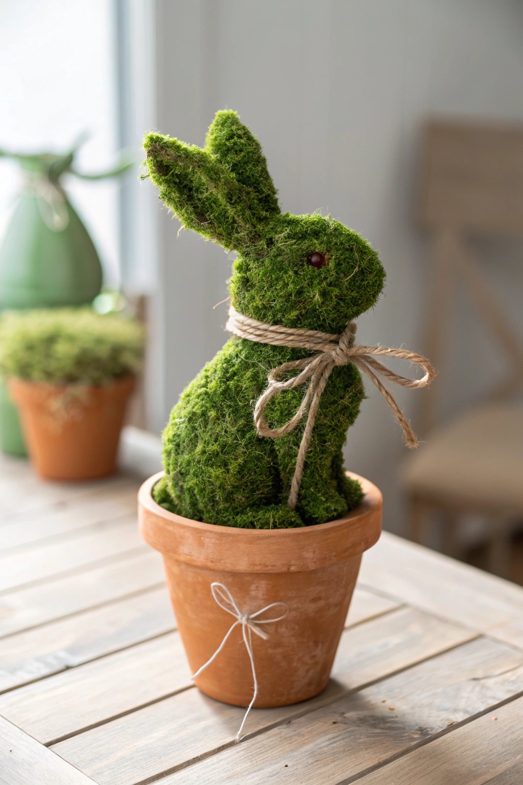 Charming moss bunny topiary—crafted with love for a fresh spring touch.