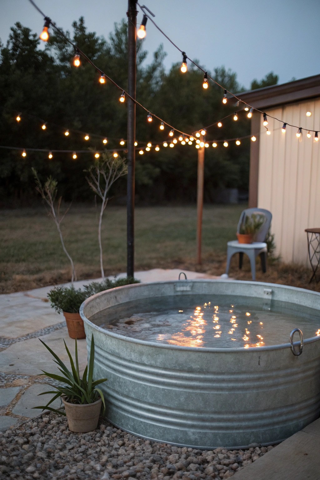 Backyard magic: stock tank pool aglow with string lights for cozy summer nights.