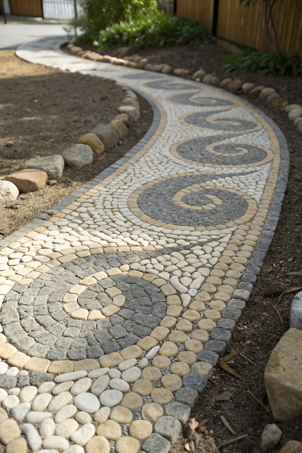 Handcrafted mosaic pebble walkway—where every step is a work of art.