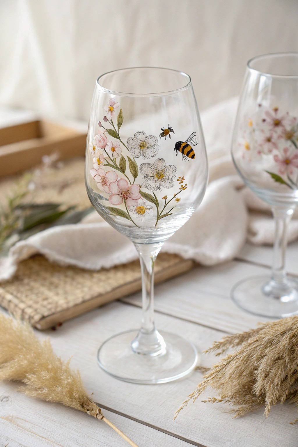 Sip in style—delicate bees and pastel blossoms bring garden magic to your wine glass.