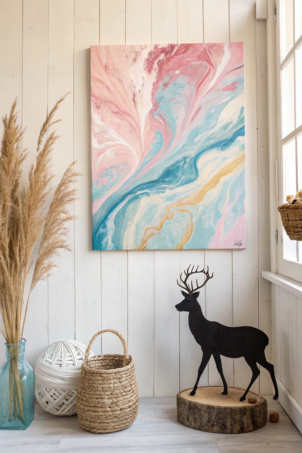 Nature-inspired acrylic pour painting: a striking deer silhouette meets dreamy pastel art.