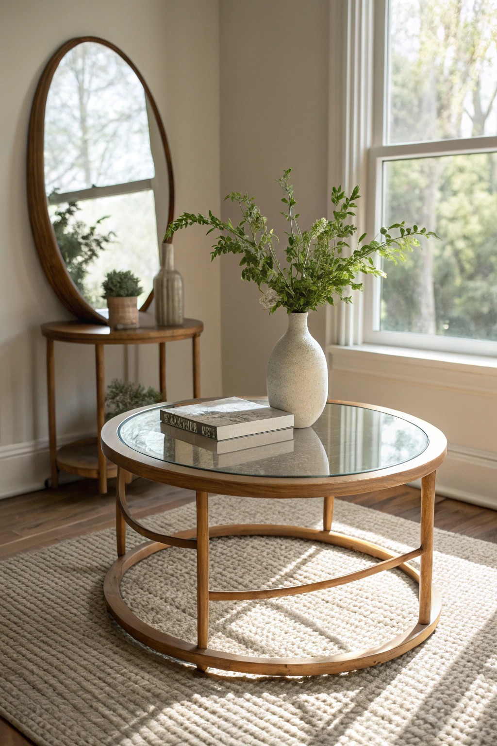 A glass table and mirror amplify light and style—small space, big impact.