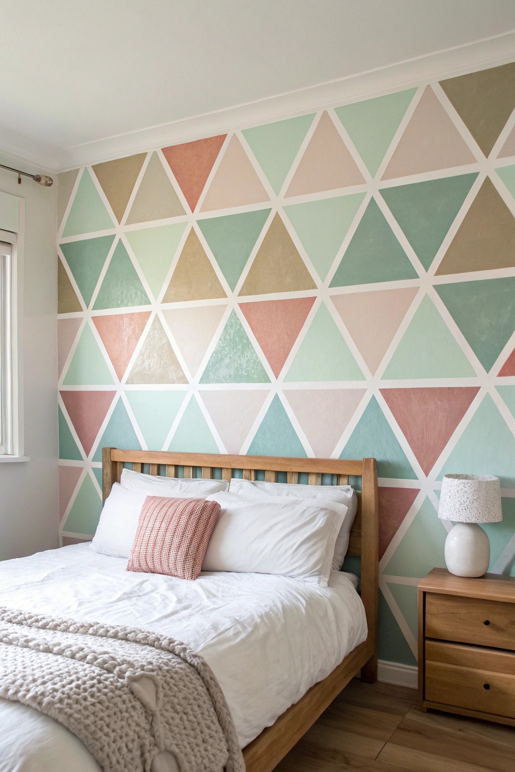 Transform your bedroom with a handcrafted geometric accent wall in soothing pastels.