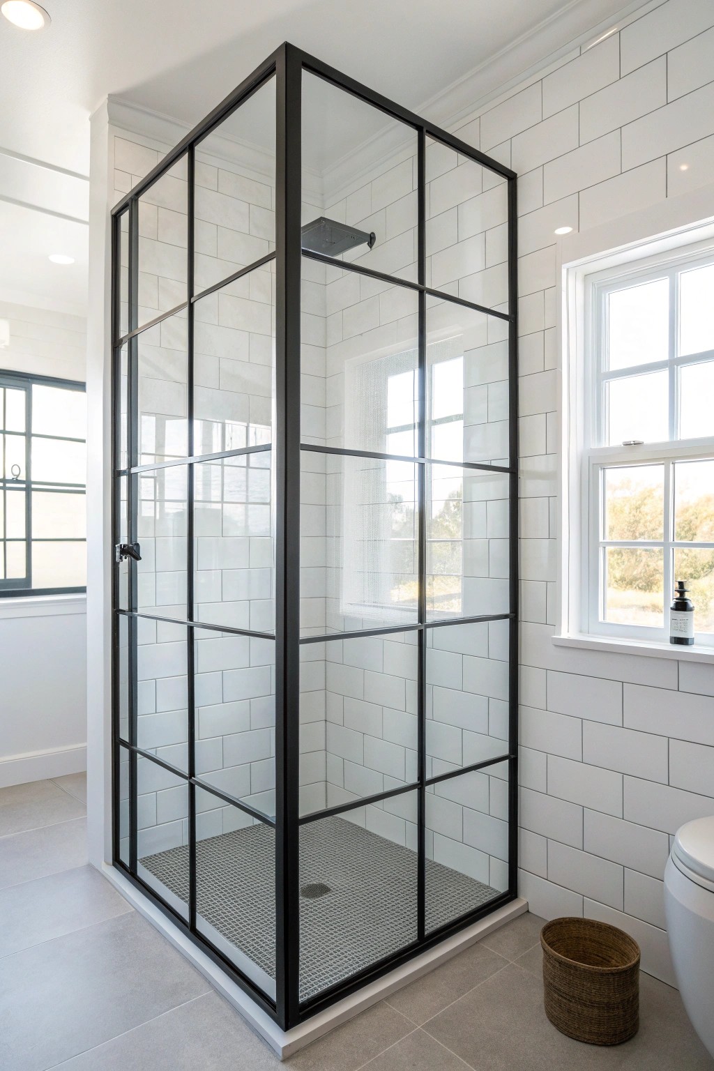 Bold black lines meet serene simplicity—elevate your bathroom with a black-framed glass shower.