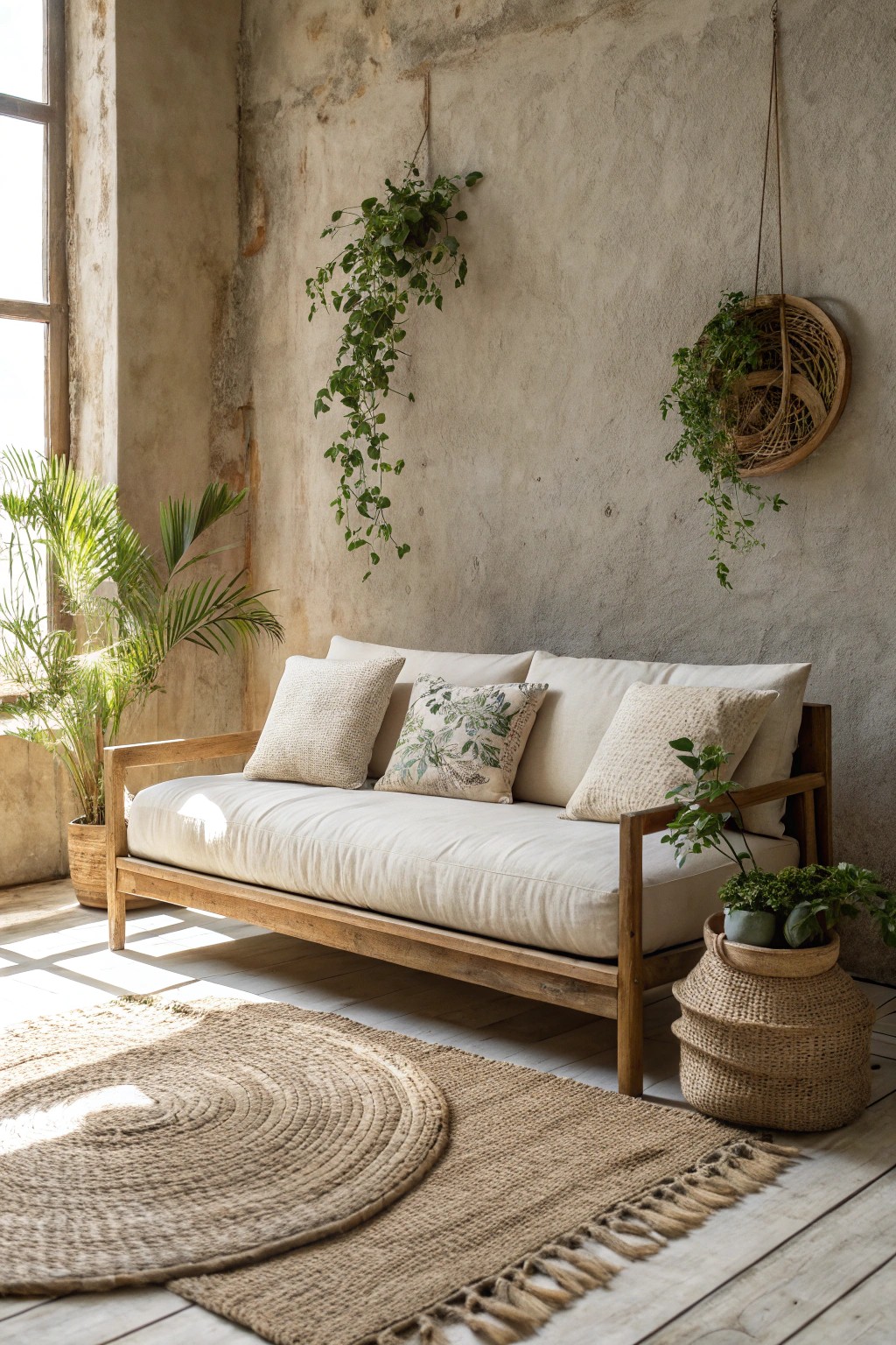 Embrace boho comfort with a handcrafted low-slung sofa—simplicity meets relaxation.