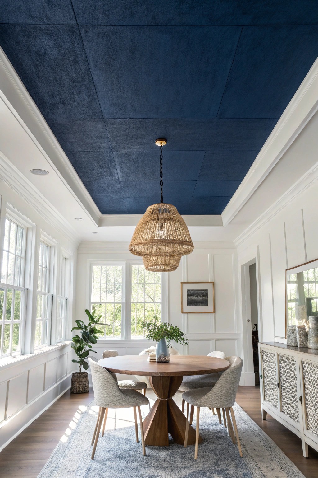 Dare to go bold: elevate your space with a dramatic navy ceiling.