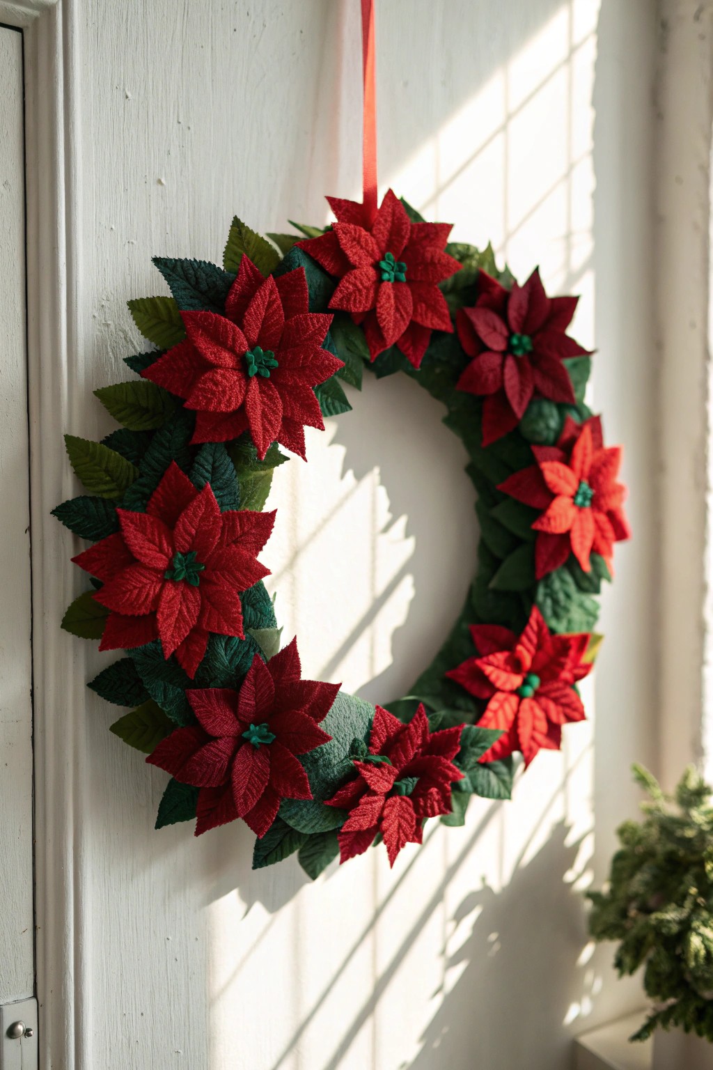 Add a playful, handmade touch to your holidays with a felt poinsettia wreath.