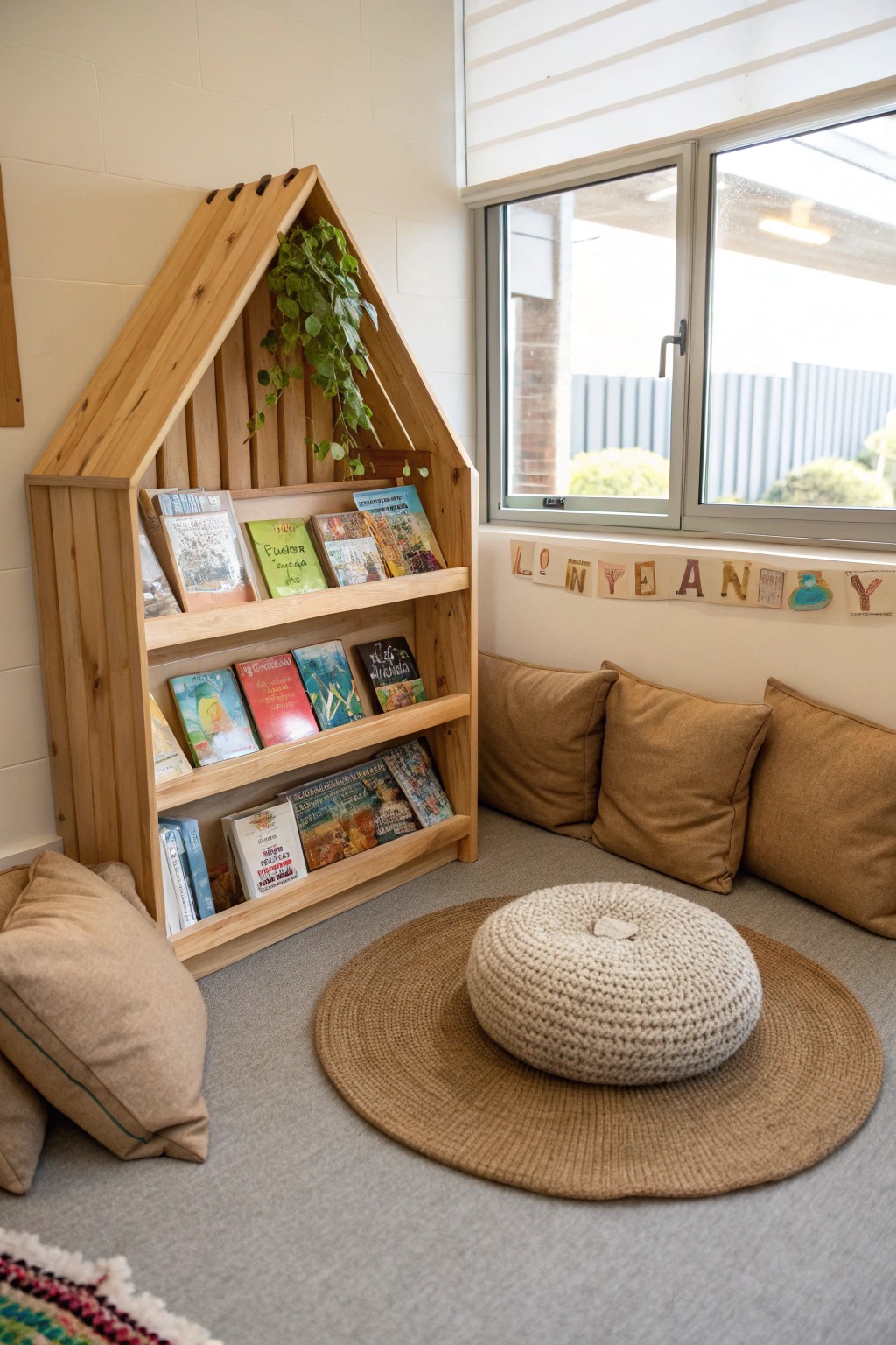 A cozy classroom reading nook: where natural beauty and comfort inspire young readers.