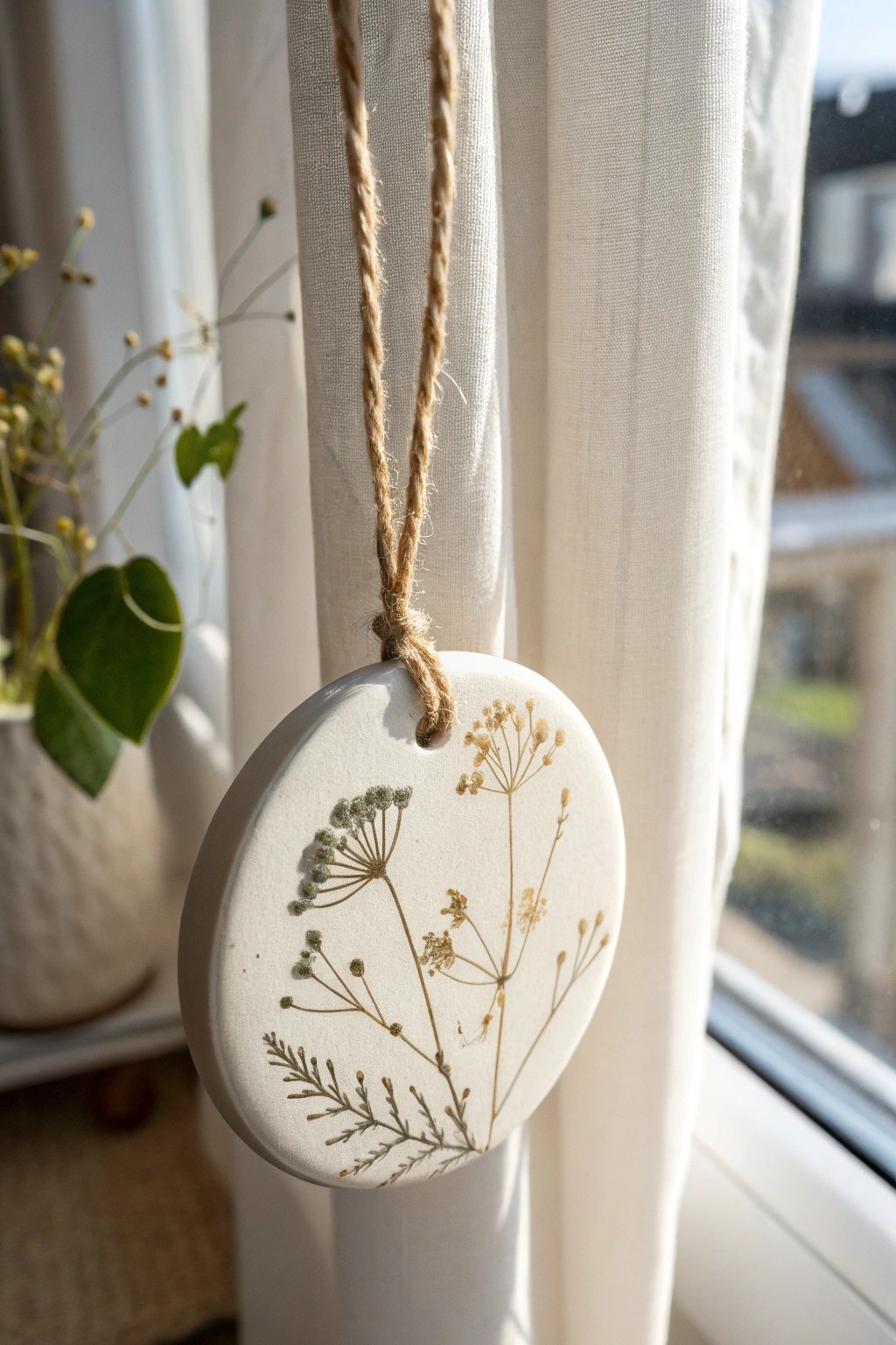 Handcrafted pressed flower clay ornament—simple, natural beauty for your window.