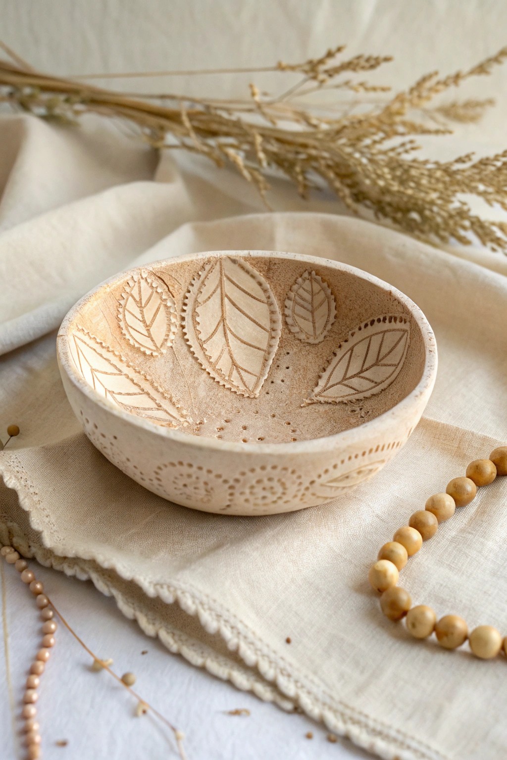 Handcrafted clay jewelry bowl with natural textures—where Scandinavian simplicity meets boho artistry.