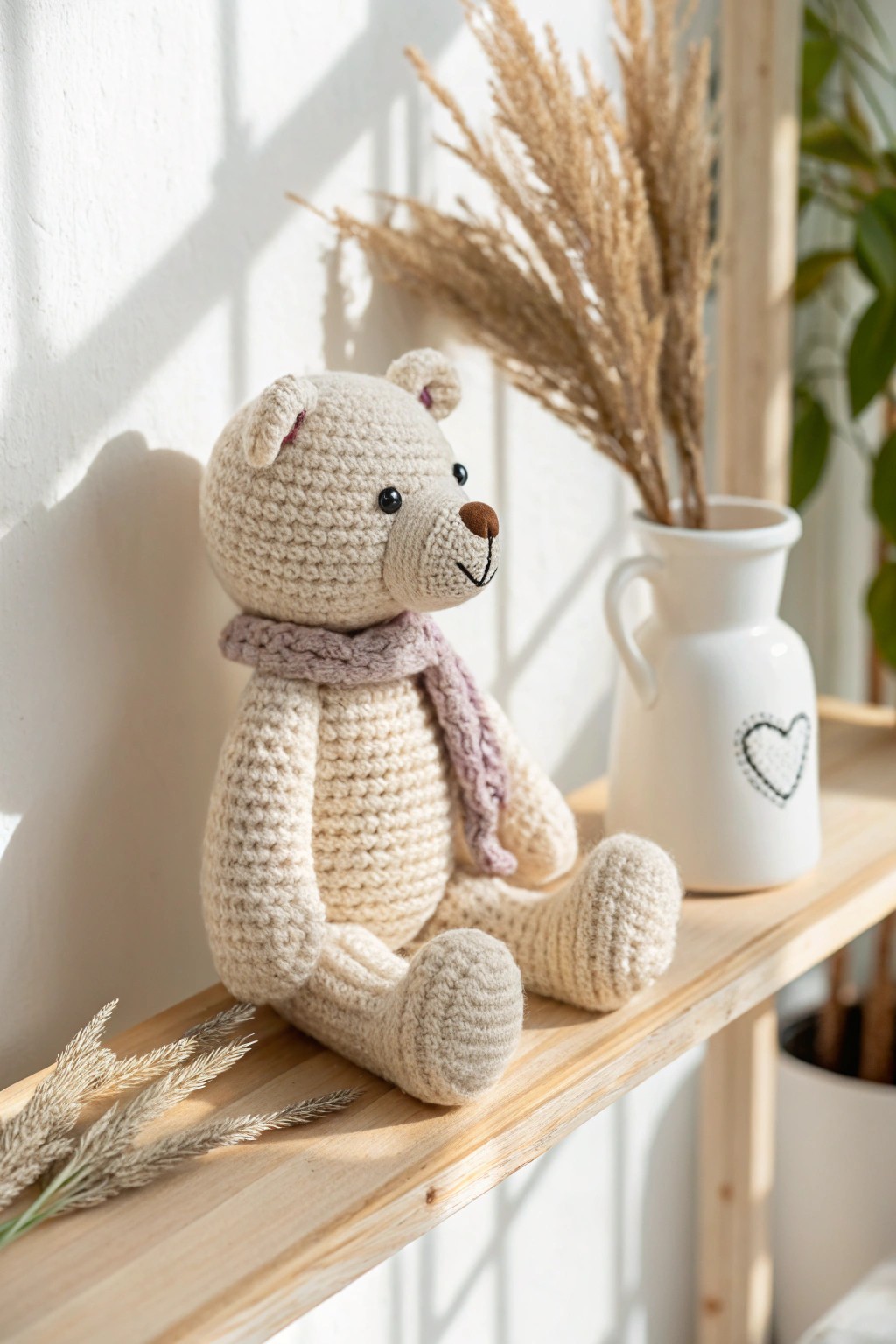 A whimsical amigurumi bear brings cozy charm to your minimalist decor.