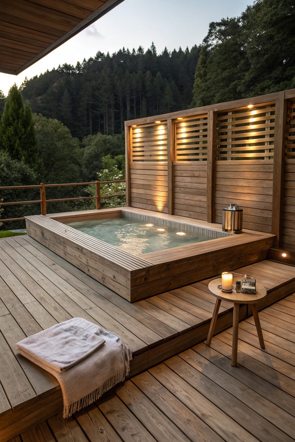 Turn your deck into a serene hot tub hideaway—where luxury meets natural simplicity.