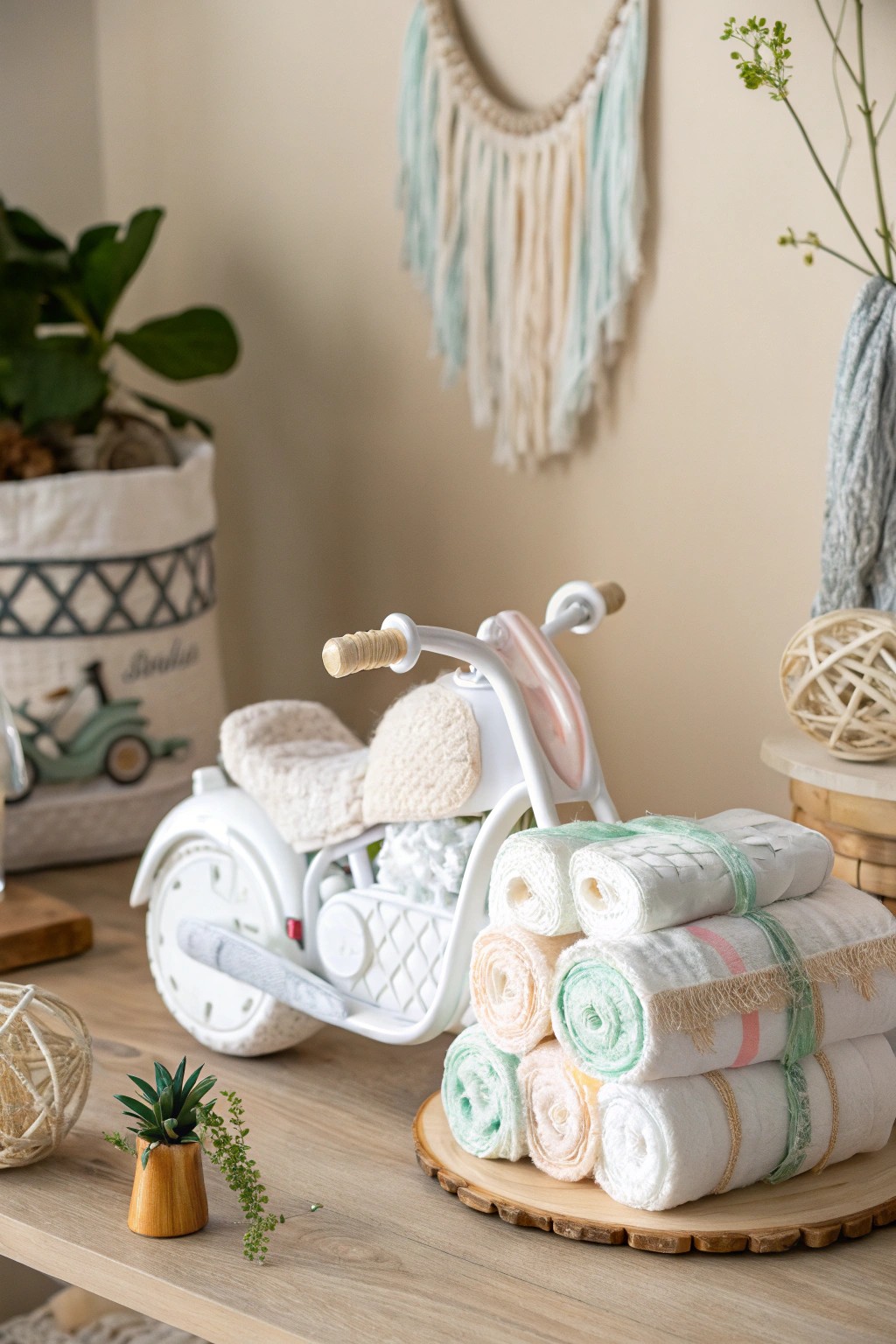 A stunning motorcycle diaper cake—Scandi minimalism meets Boho flair for the chicest baby shower centerpiece.