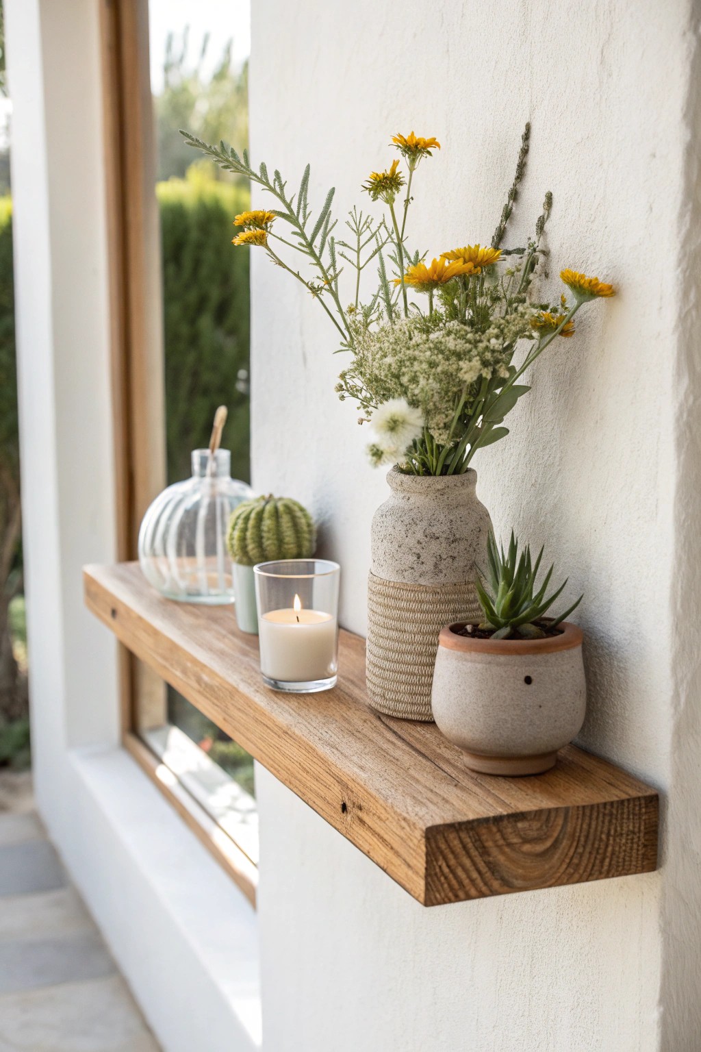 Elevate your dining room with simple floating shelves and artisanal decor accents.