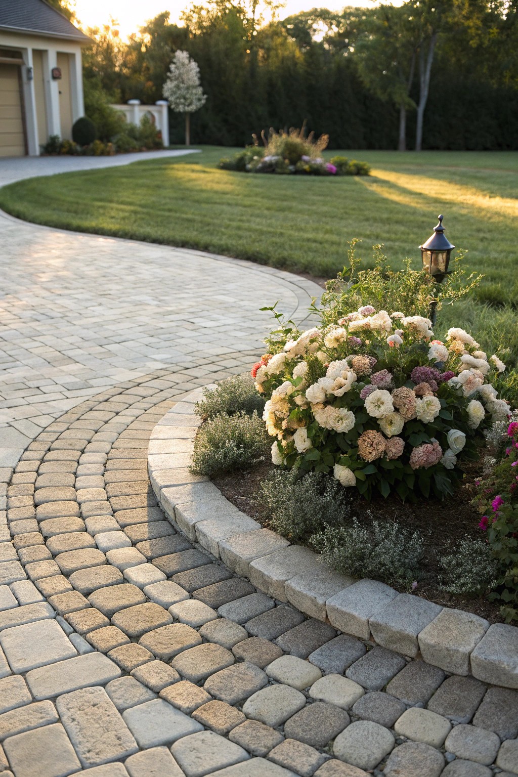Elegant circular driveway with a stunning floral centerpiece—where beauty meets function.