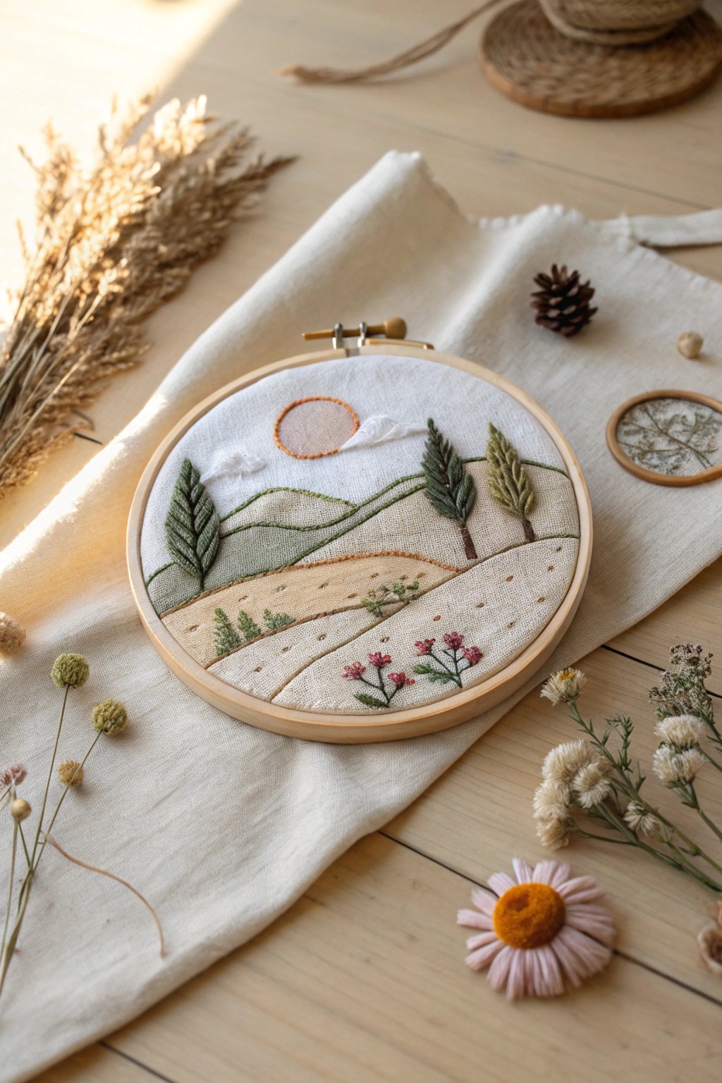 Tiny embroidered landscapes—nature’s beauty in a hoop, perfect for mindful moments and cozy decor.