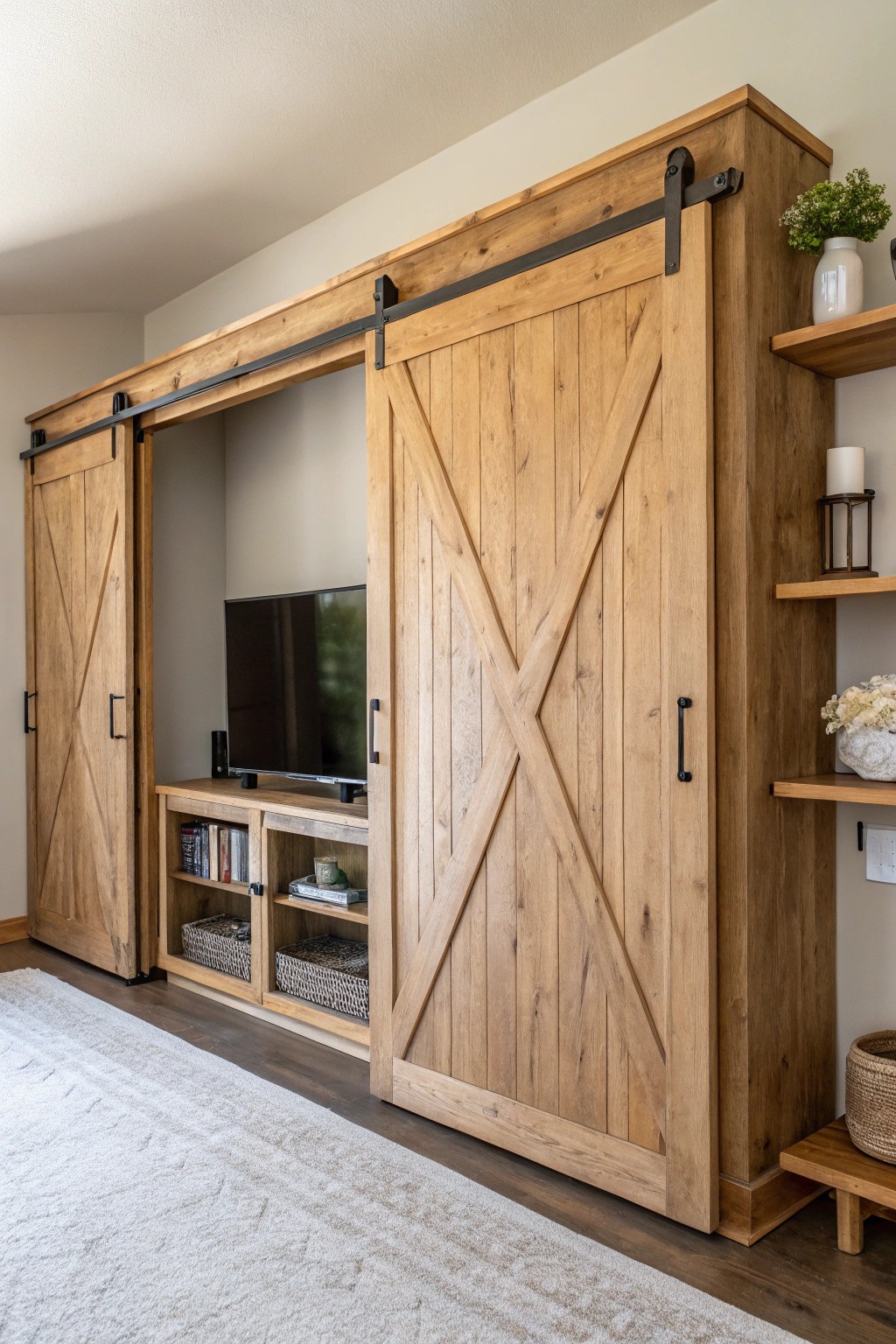 Seamless style: Hide your TV behind artisan-crafted sliding doors for a serene, beautiful living space.