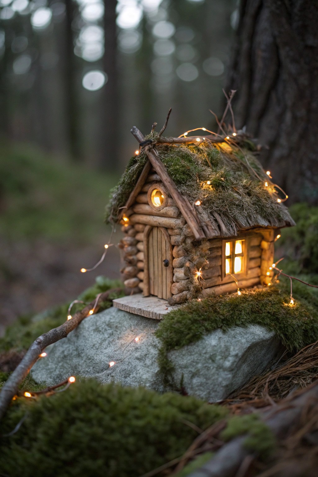 A glowing fairy light woodland cabin—crafted by nature, glowing with magic.