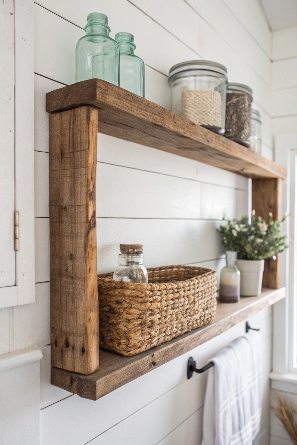 Elevate your farmhouse bathroom with simple, handcrafted open shelving.