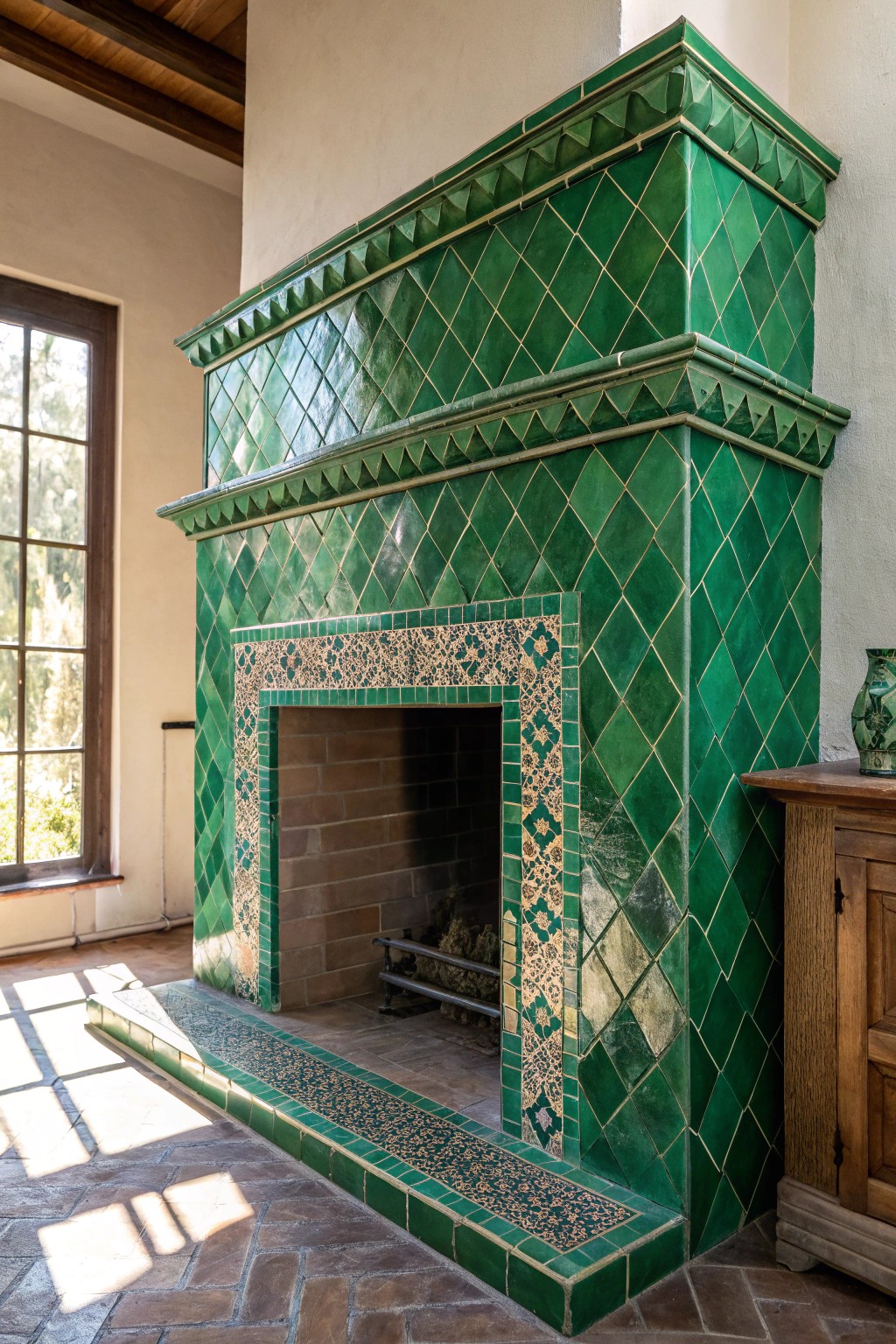 Bold emerald tiles make the fireplace a stunning focal point in a serene, neutral space.