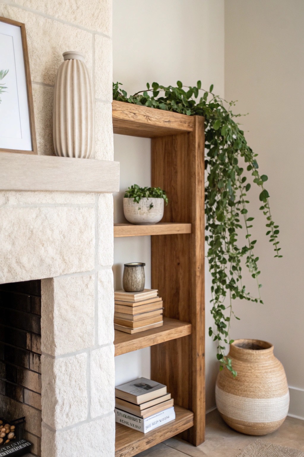 Elegant open shelving: natural wood, artisan ceramics, and lush greenery framing a cozy fireplace.