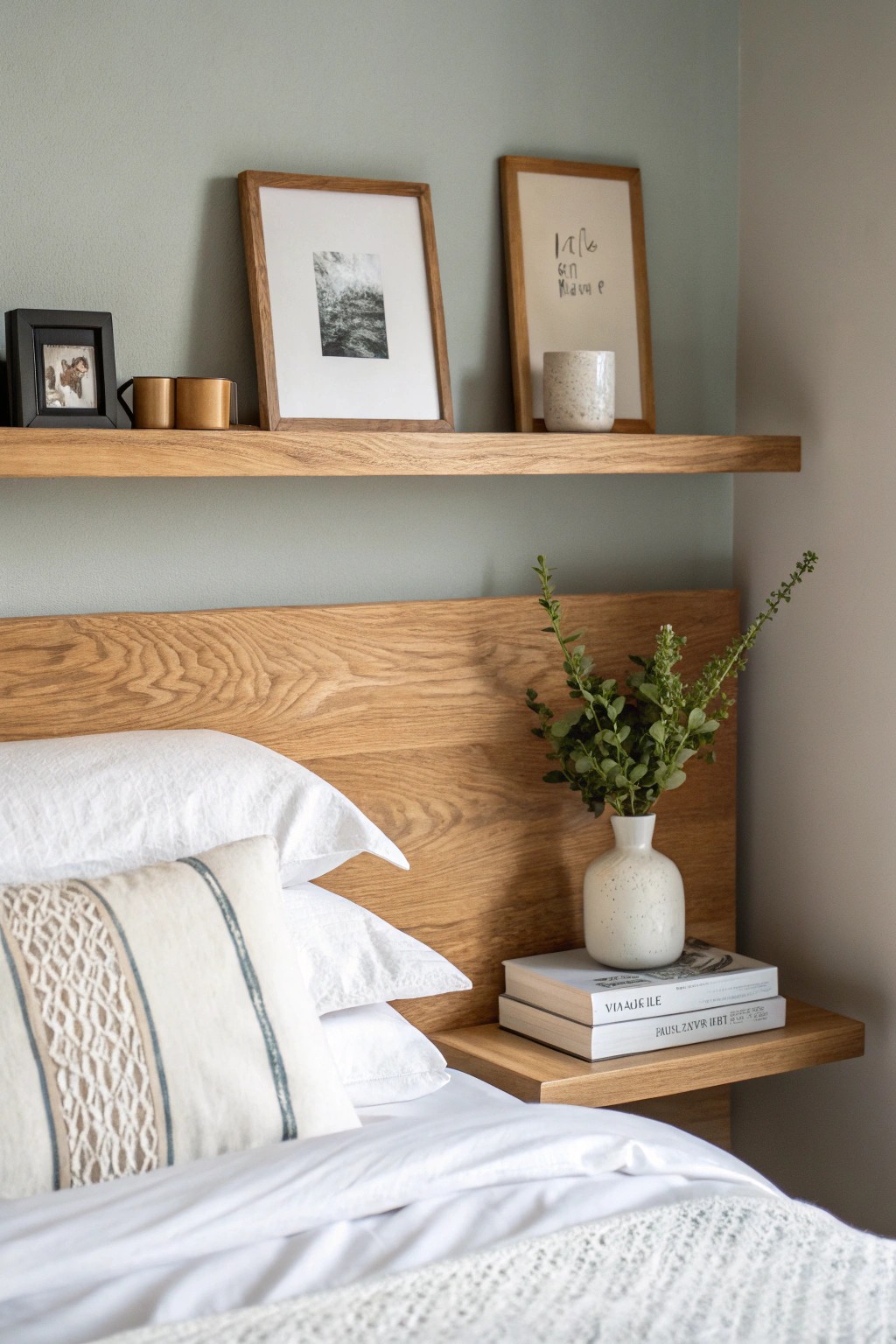 Elevate your bedroom with a simple floating shelf—where style meets function above the bed.