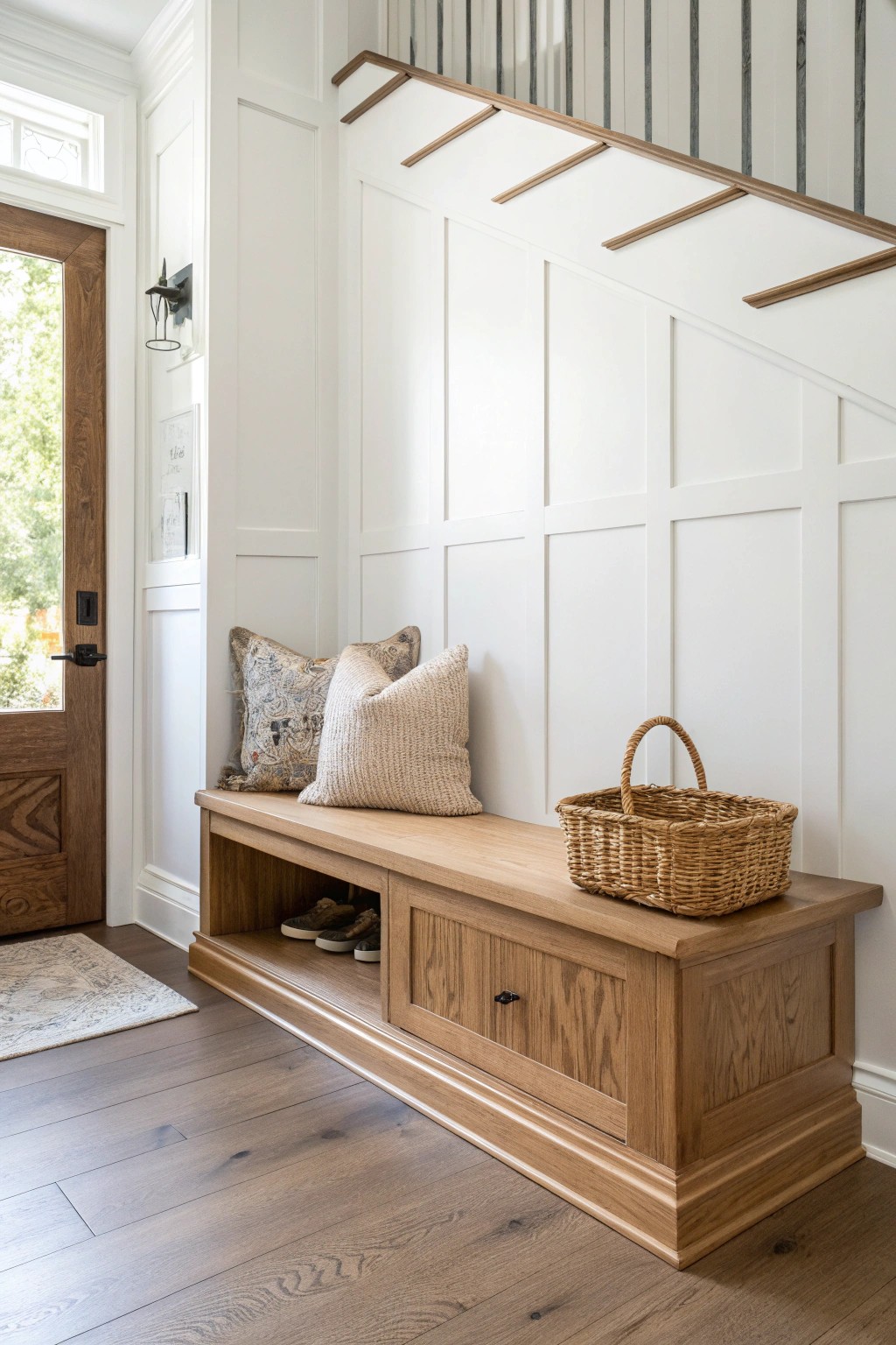 Effortless entryway elegance—hidden storage meets handcrafted beauty.