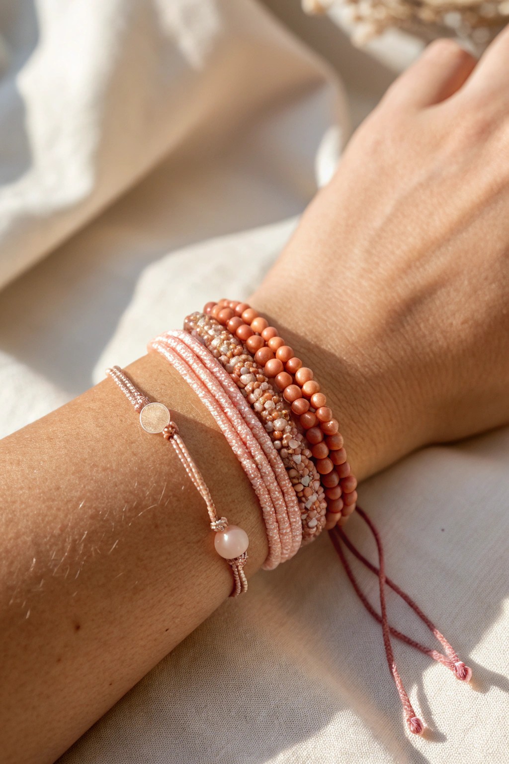 Curated gradient stack: friendship bracelets in Scandinavian Boho style.