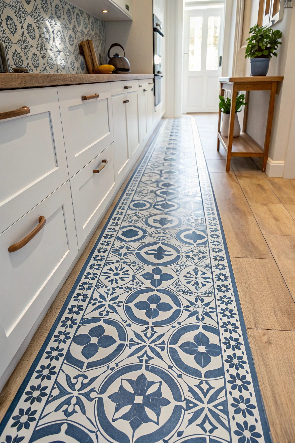 Elevate your galley kitchen with bold, statement flooring for instant wow-factor.