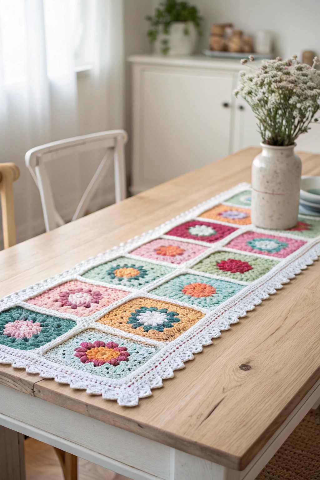 Brighten your table with a handcrafted granny square runner—where color meets Scandinavian simplicity.